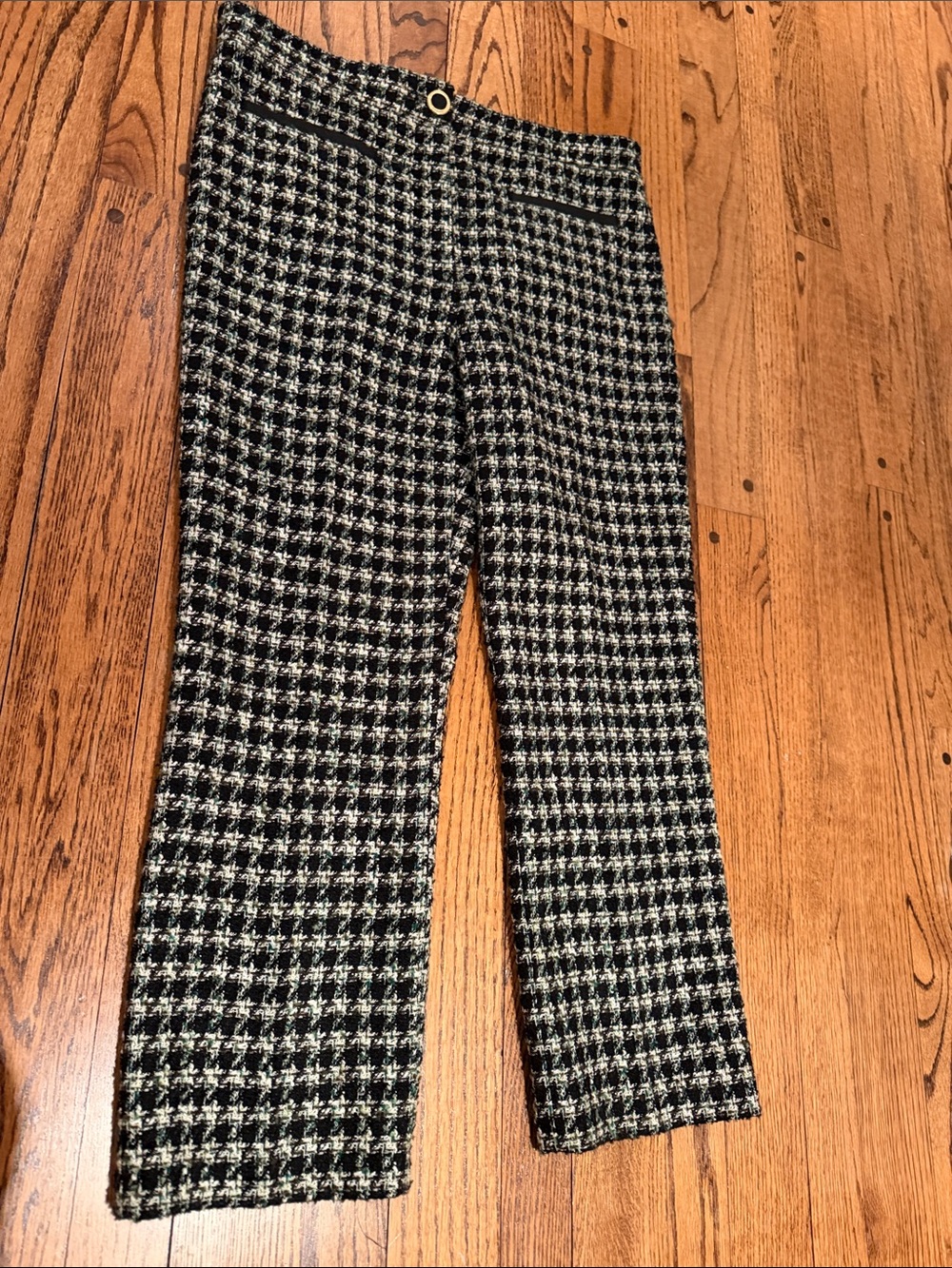 Zara sz L (fits more like M) green black tweed fabric houndstooth pattern pants